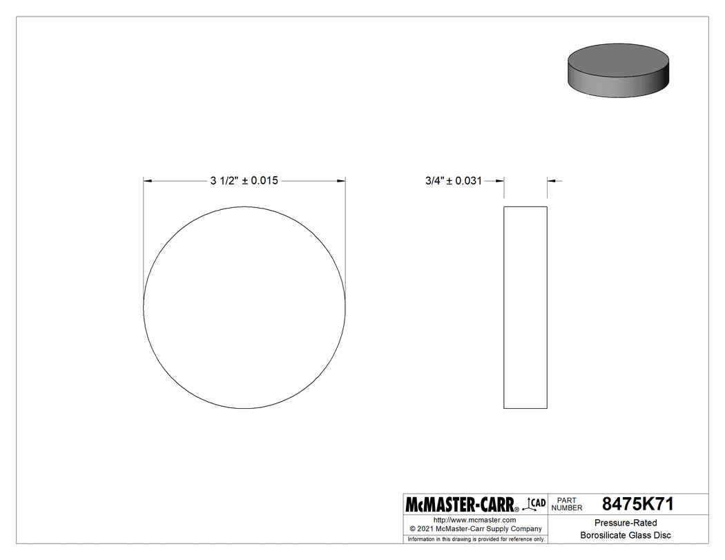 Technical Drawing of Pressure-Rated Borosilicate Glass Disc, Annealed, 3-1/2" Diameter, 3/4" Long.